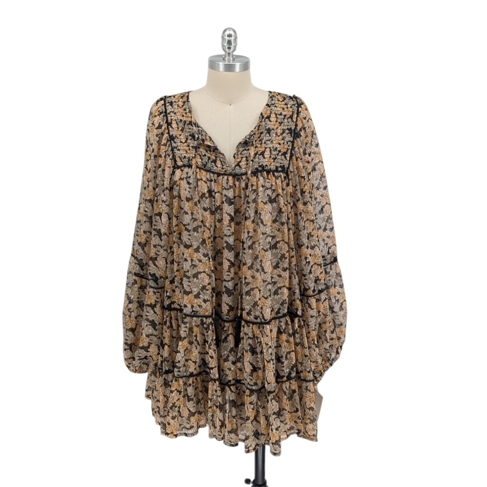 01579 Free People Floral Tunic Dress Brown Size Medium bohemian resortwear beach
